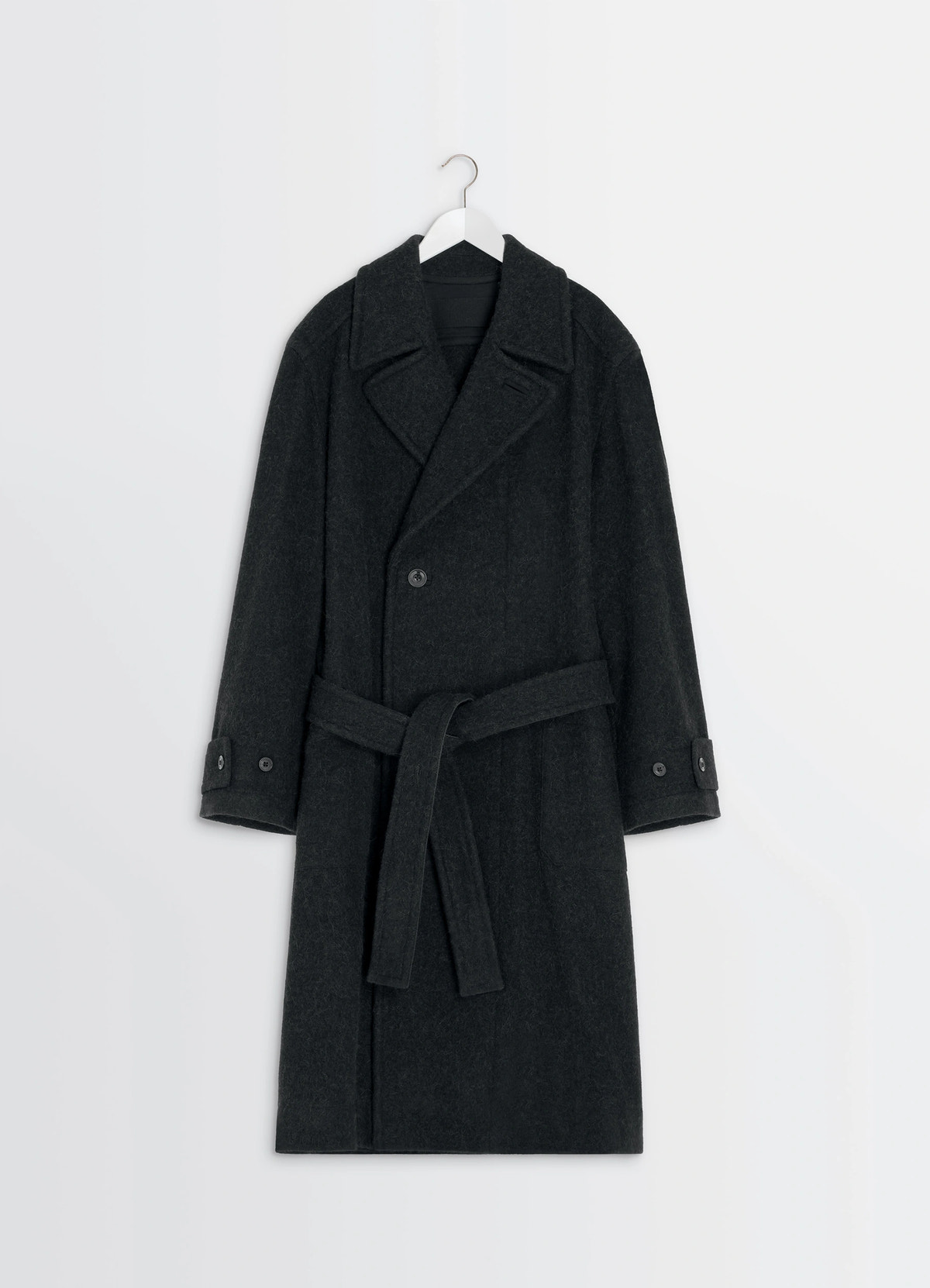 Soft coat in dark wool alpaca blend, product shot, angled hanging view sleeve button detail