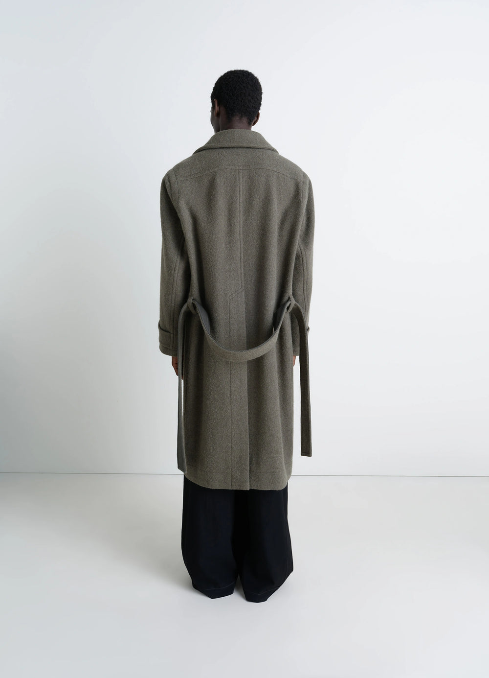 Lemaire Soft Coat in Wool and Alpaca Blend, model shot, back view belted back detail