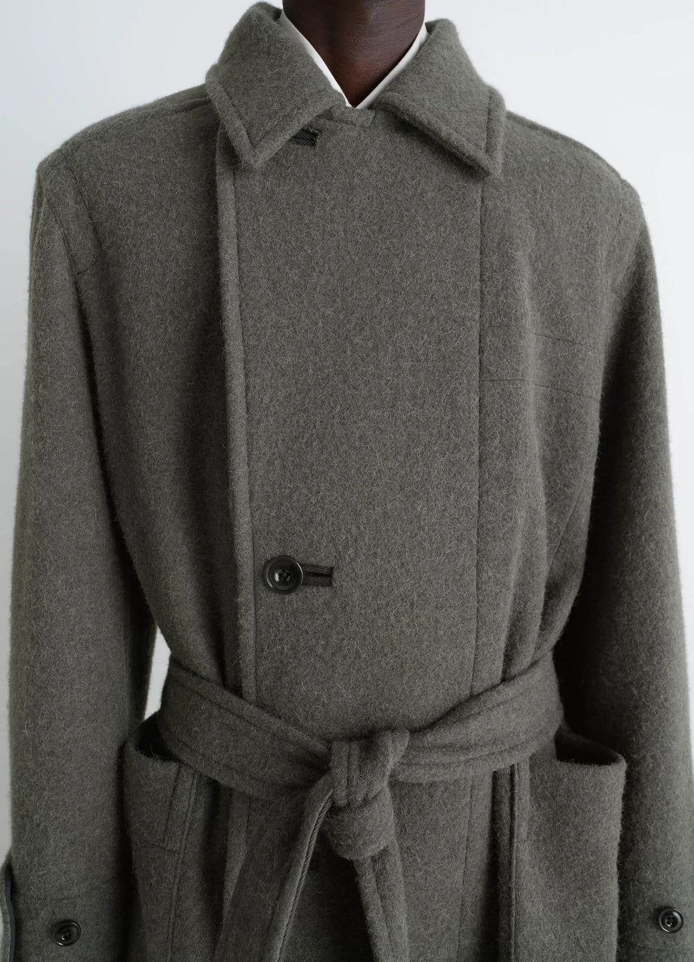 Lemaire Soft Coat in Wool and Alpaca Blend, model shot, upper body front detail belted knot detail