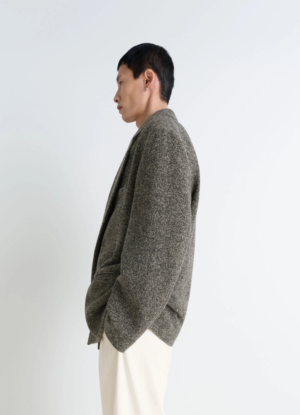 Short Double Breasted Coat in Mottled Wool Tweed, model shot, side view relaxed fit