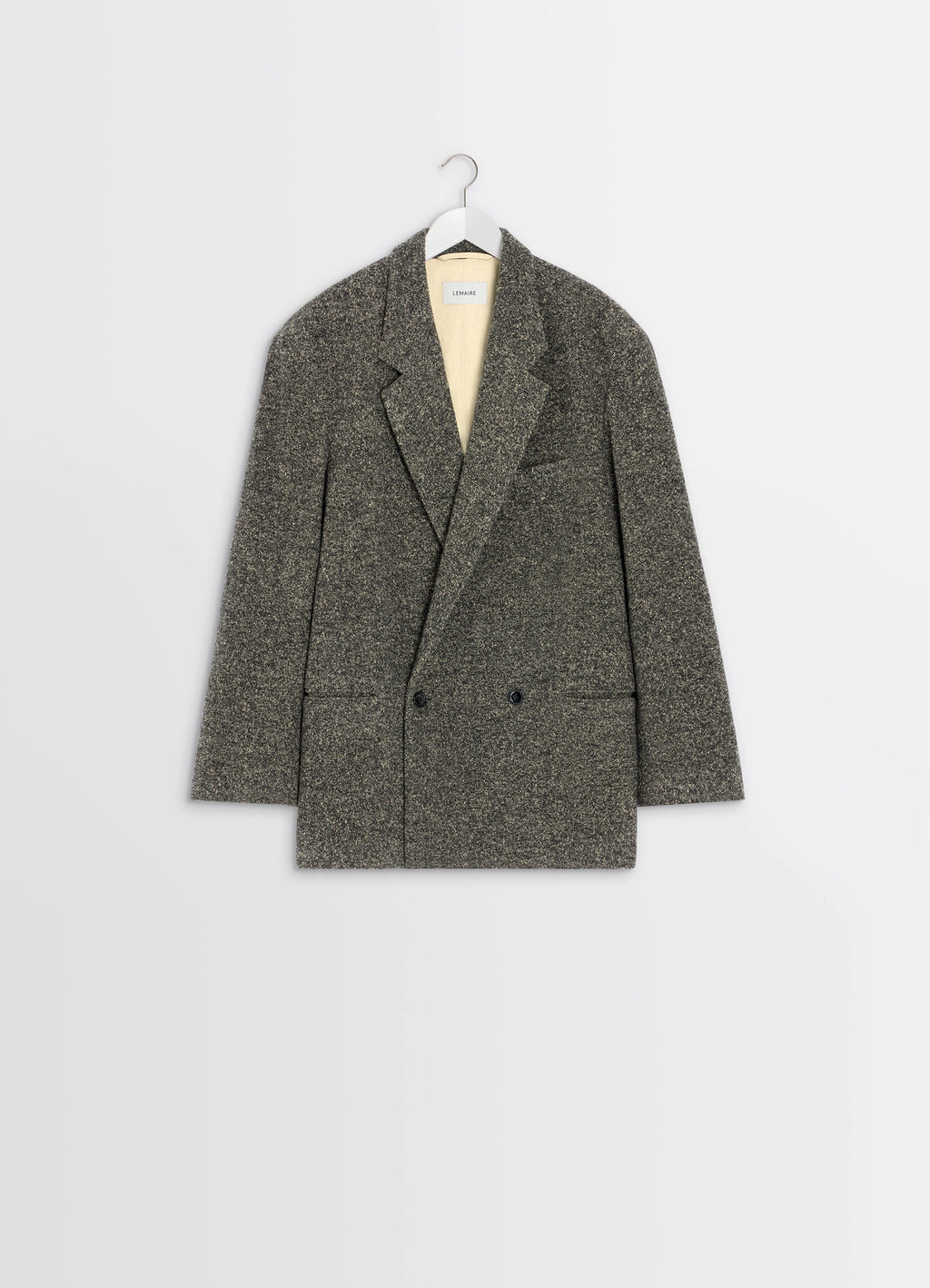Short Double Breasted Coat in Mottled Wool Tweed, product shot, hanger view notched lapel feature