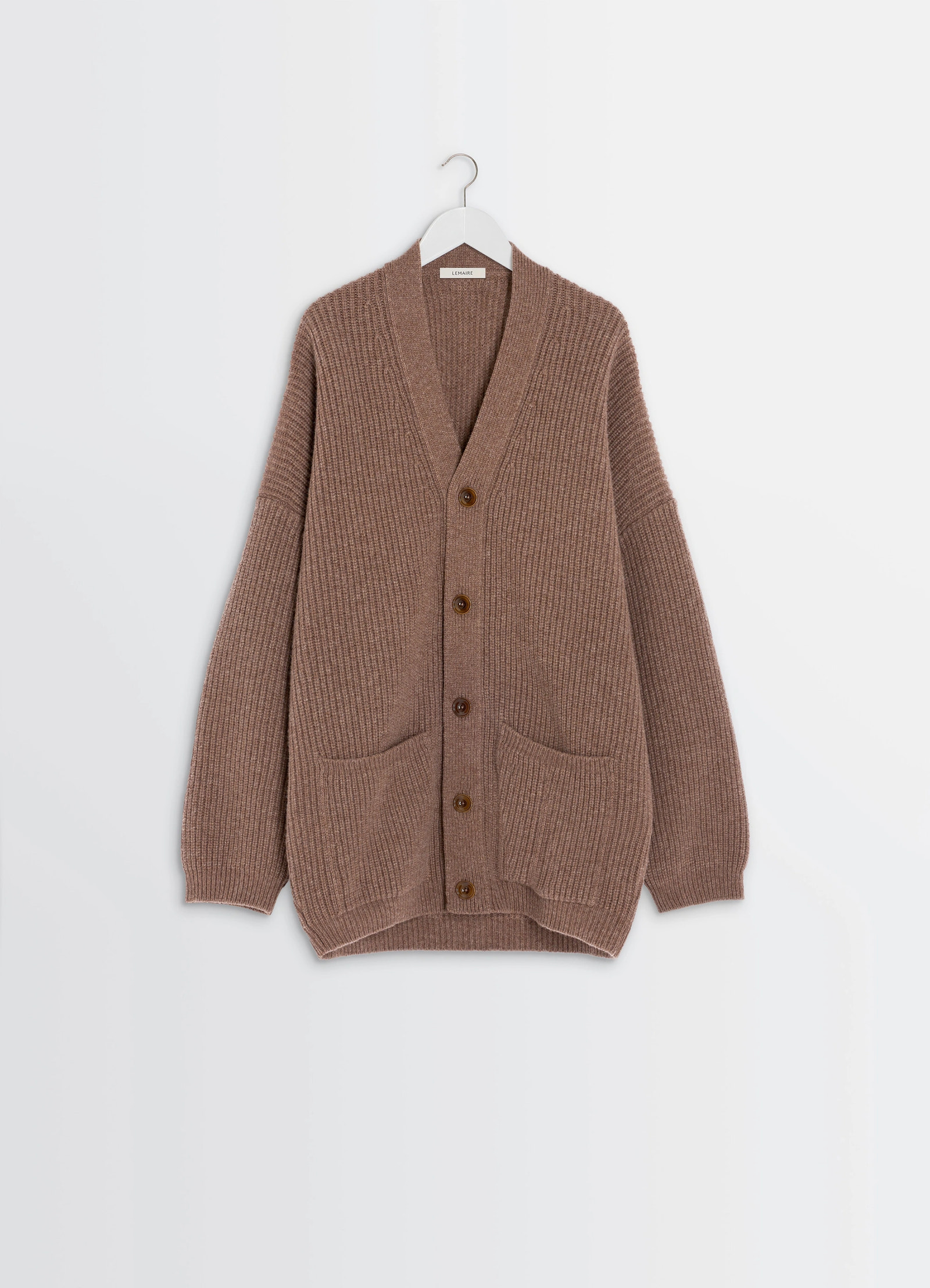 Cardicoat in brown shetland wool, product shot, back view buttoned front pockets