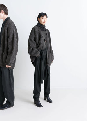 Ribbed Shetland Wool Cardicoat in Dark Heather Shetland Wool, model shot, Side angle Oversized fit