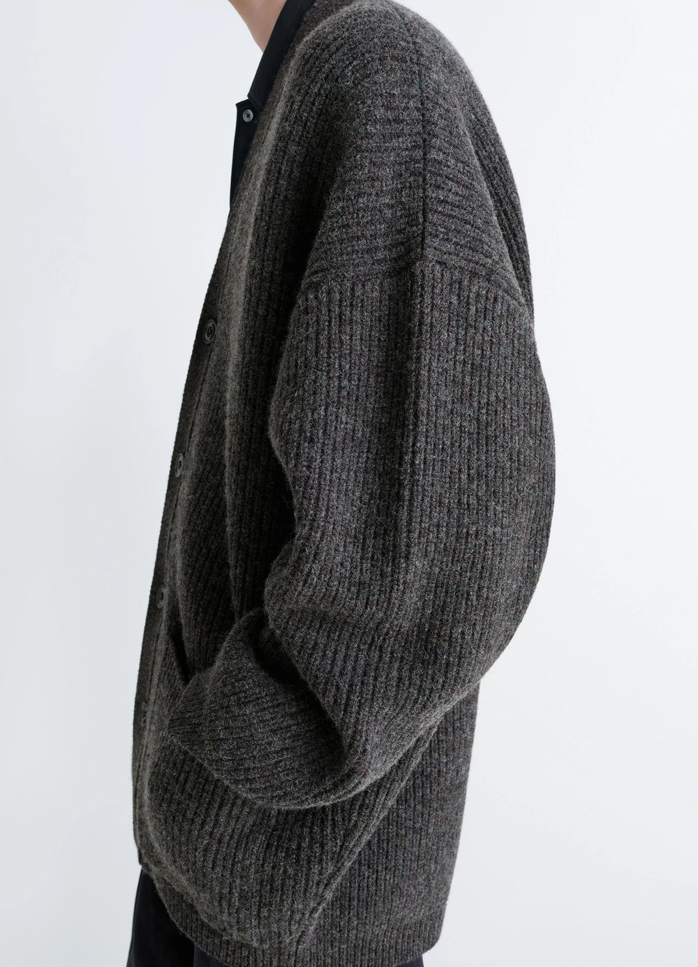 Ribbed Shetland Wool Cardicoat in Dark Heather Shetland Wool, model shot, close-up side view textured shoulder
