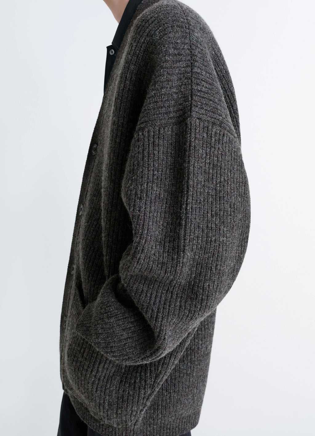 Ribbed Shetland Wool Cardicoat in Dark Heather Shetland Wool, model shot, close-up side view textured shoulder