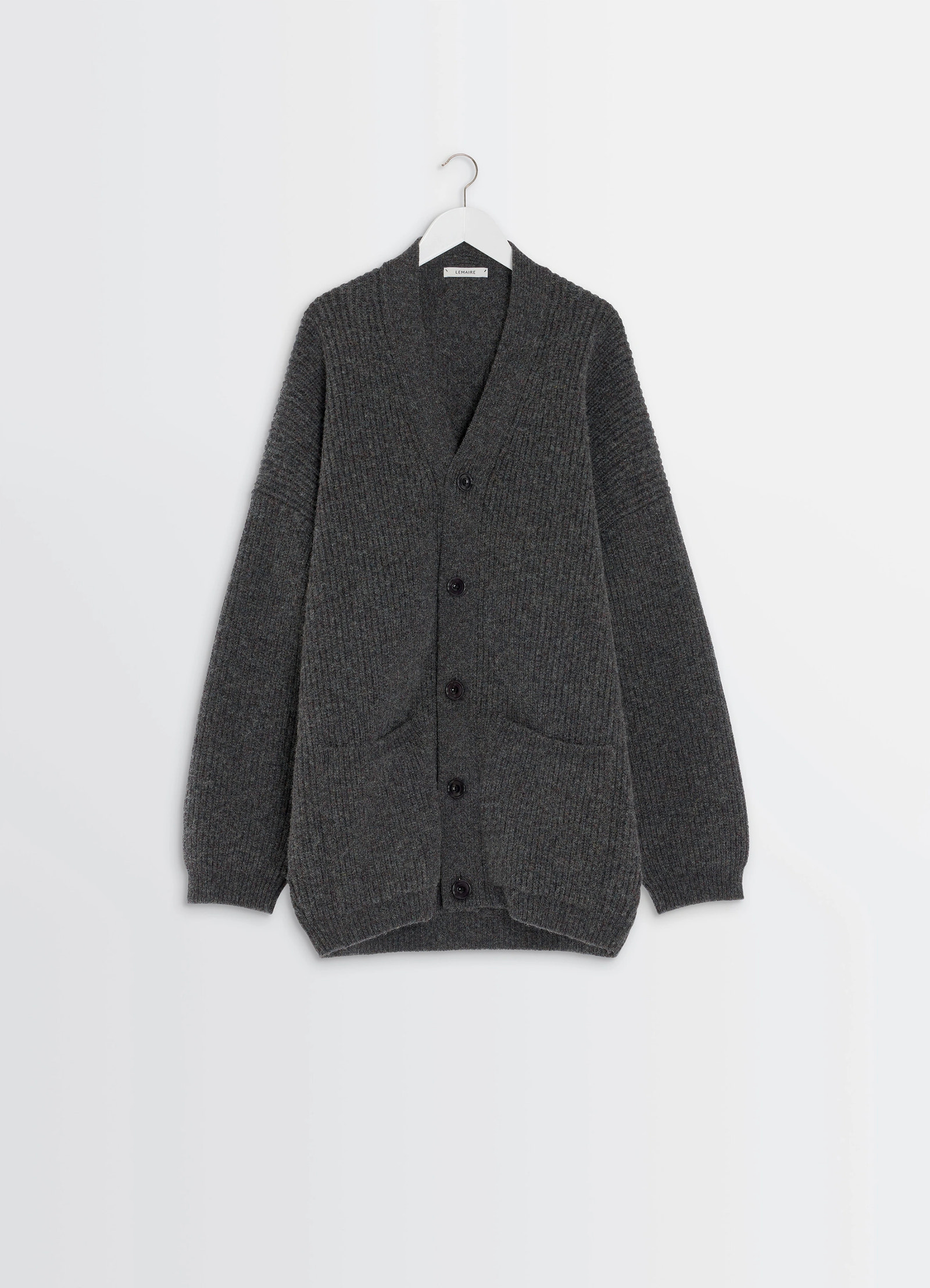 Ribbed shetland wool cardicoat in dark heather shetland wool, product shot, hanger display shot ribbed pockets visible
