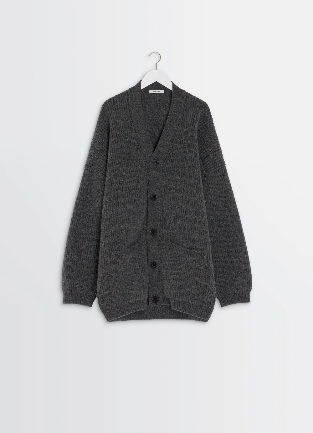 Ribbed Shetland Wool Cardicoat in Dark Heather Shetland Wool, product shot, hanger display shot ribbed pockets visible