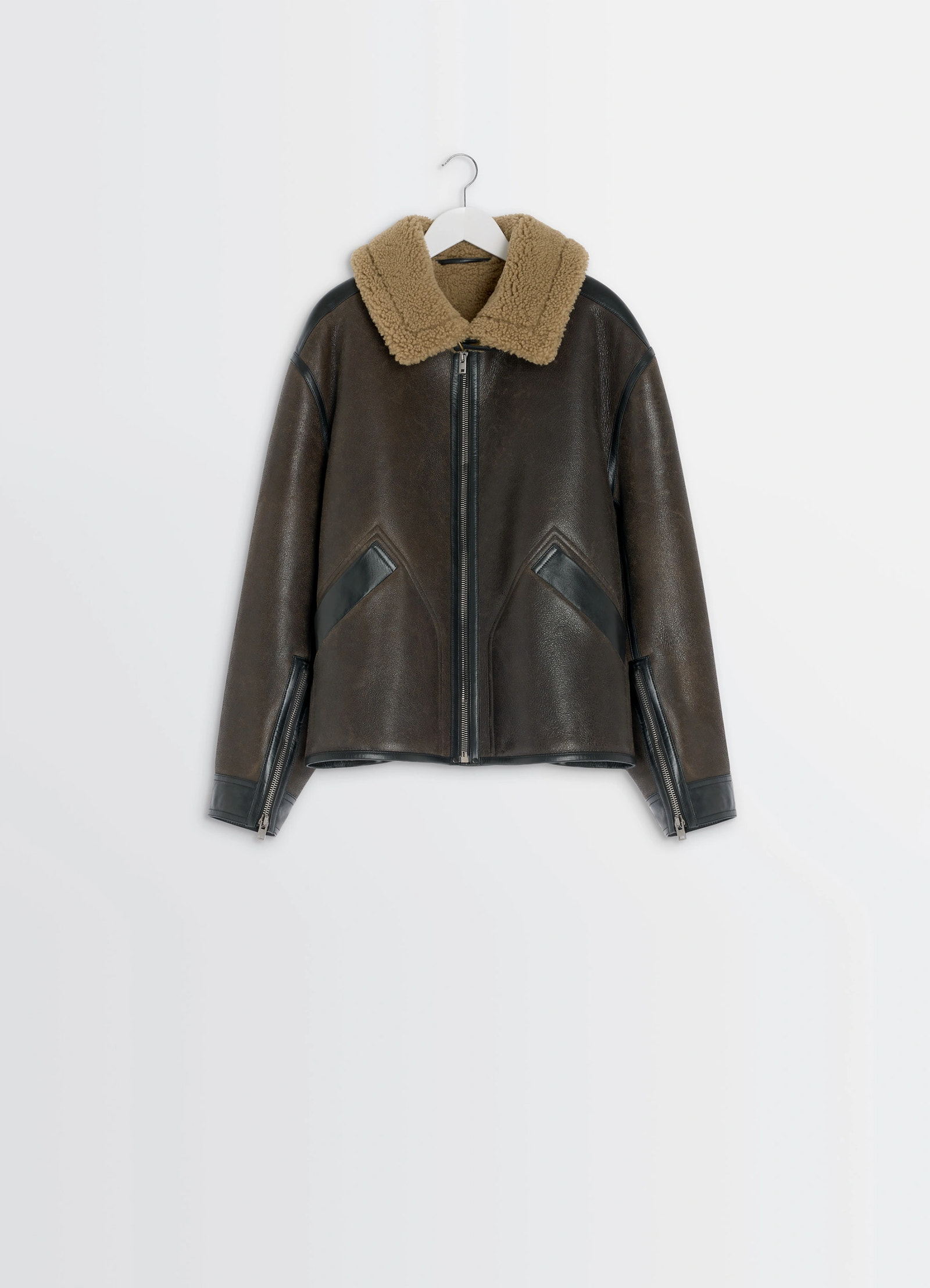 Shearling coat in contrasting leather trim, product shot, hanging packshot view zipped center with shoulder seams