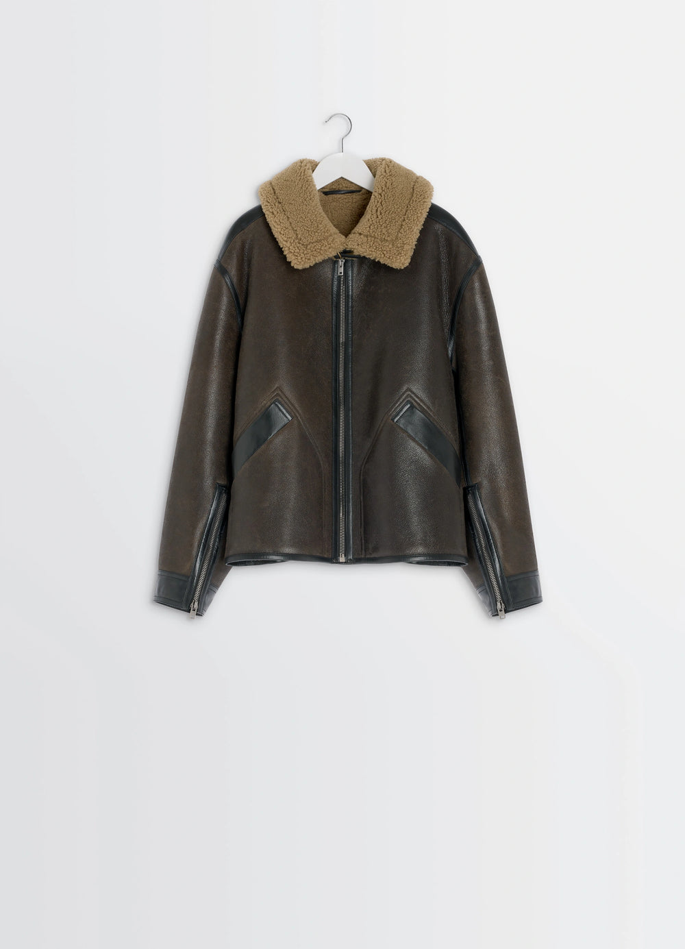Shearling Coat in Contrasting Leather Trim, product shot, hanging packshot view zipped center with shoulder seams