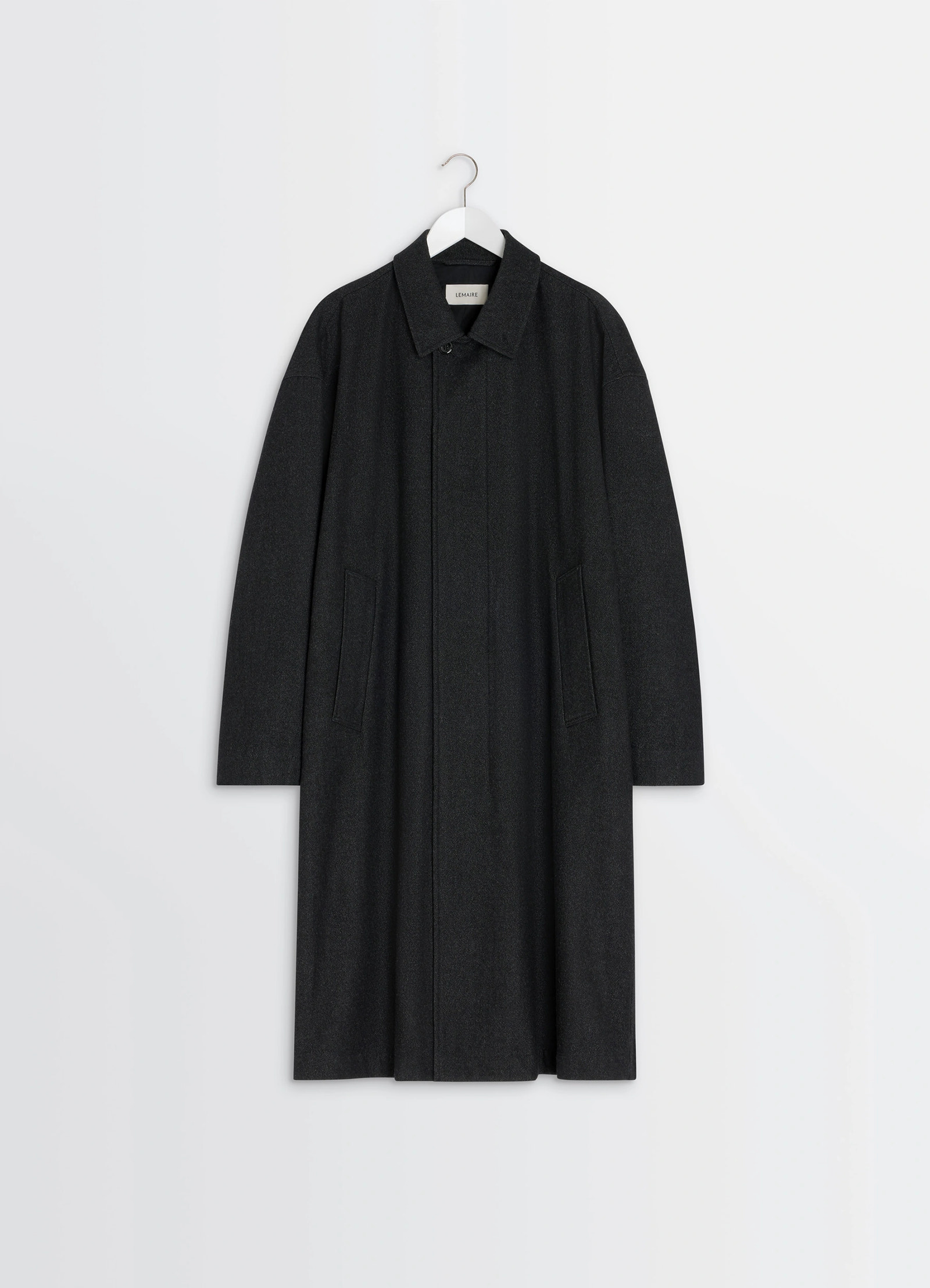 Oversized overcoat in rws wool blend twill, product shot, hanging packshot view simple streamlined look