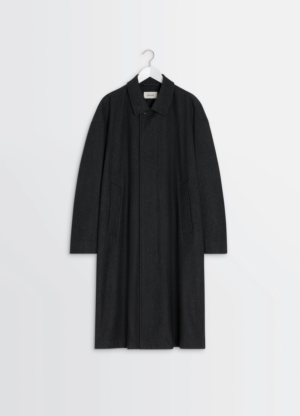 Oversized Overcoat in RWS Wool Blend Twill, product shot, hanging packshot view simple streamlined look