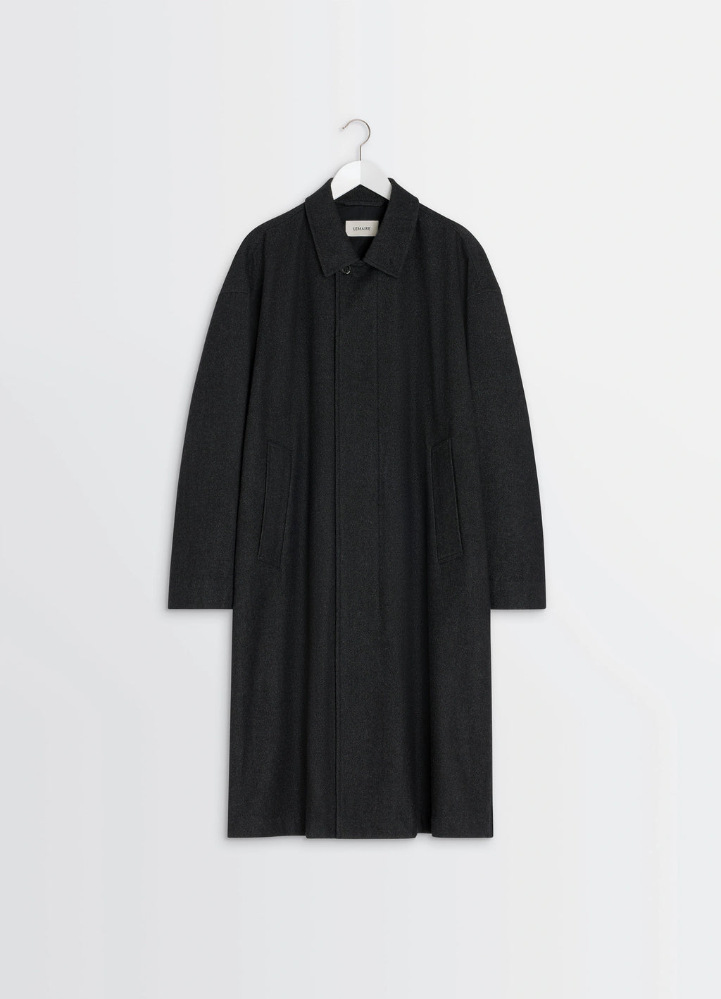 Oversized Overcoat in RWS Wool Blend Twill, product shot, hanging packshot view simple streamlined look