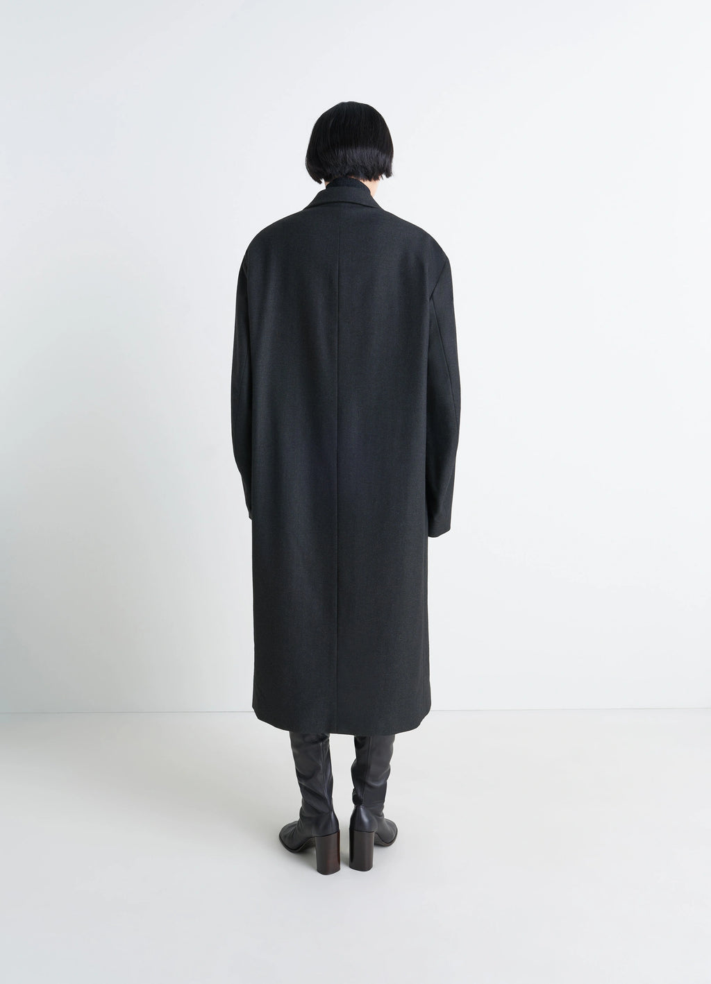 Lemaire Soft Chesterfield Coat in Light Cashmere-Blend, model shot, back profile view straight hem, unbuttoned