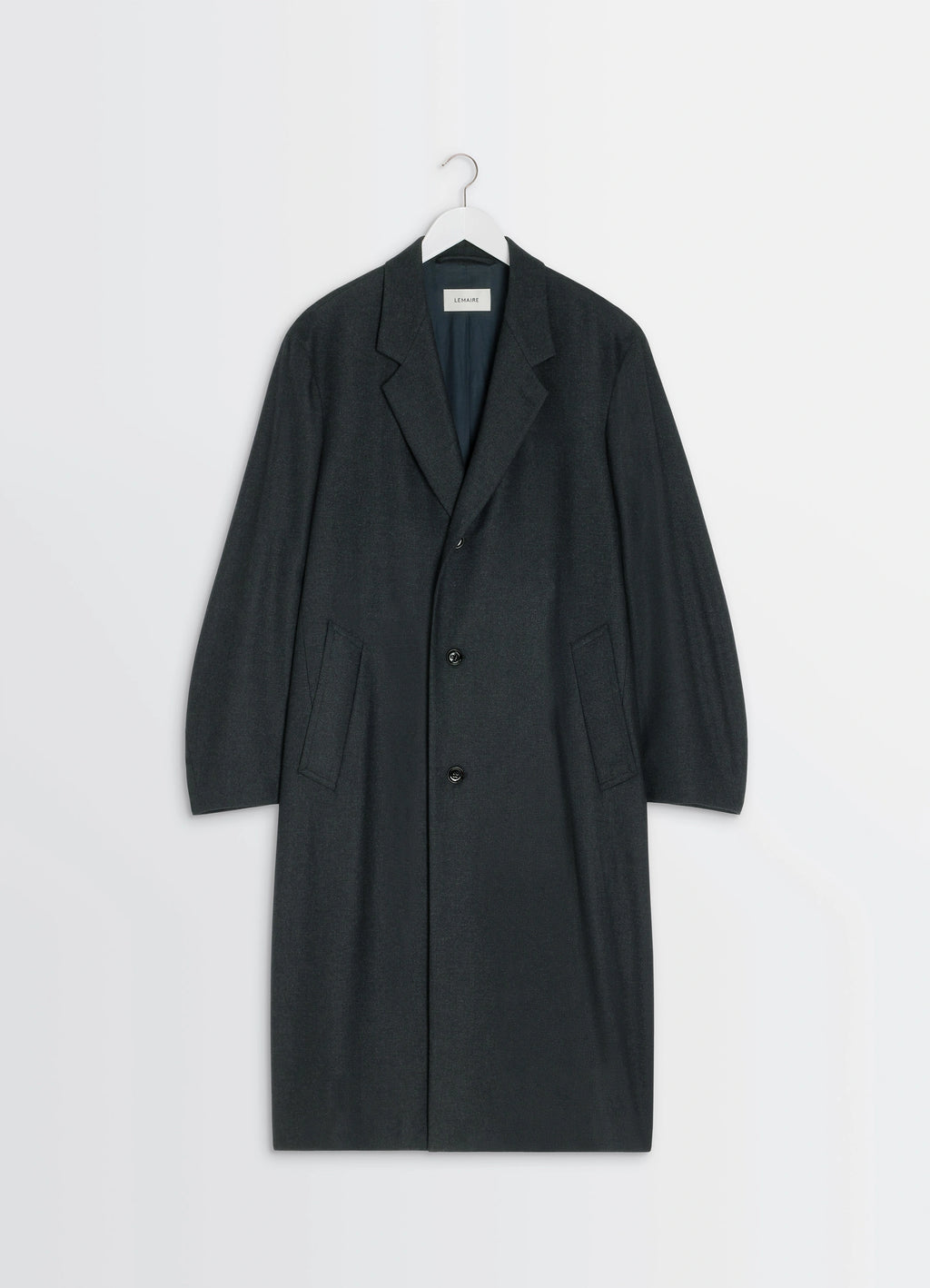 Lemaire Soft Chesterfield Coat in Light Cashmere-Blend, product shot, hanger front close-up two-button closure visible
