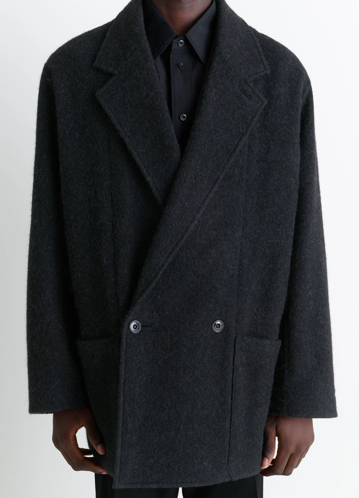 Felt wool jacket in wool and alpaca blend, model shot, close-up view lapel details visible