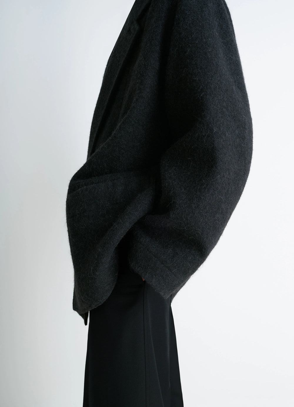 Felt Wool Jacket in Wool and Alpaca Blend, model shot, left side view draped shoulder detail