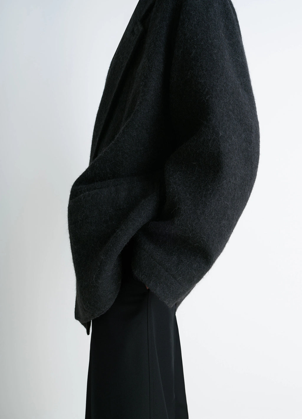 Felt Wool Jacket in Wool and Alpaca Blend, model shot, left side view draped shoulder detail