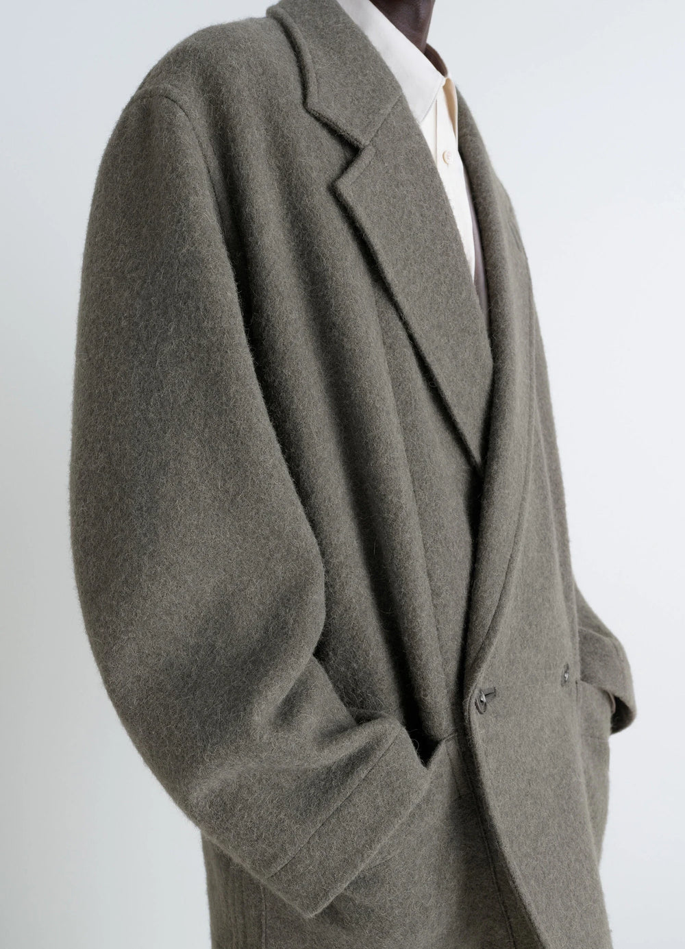 Lemaire Felt Wool Jacket in Olive Wool and Alpaca, model shot, side detail shot large lapels, pocket detail