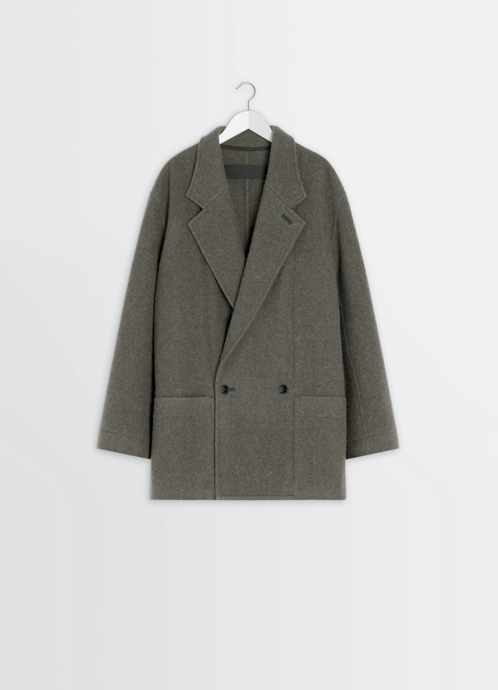 Lemaire Felt Wool Jacket in Olive Wool and Alpaca, product shot, hanger display view double-breasted buttons