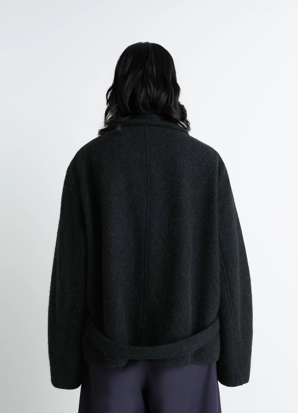 Short Asymmetrical Bathrobe Coat in Wool-Alpaca Blend, model shot, back view loose back belt