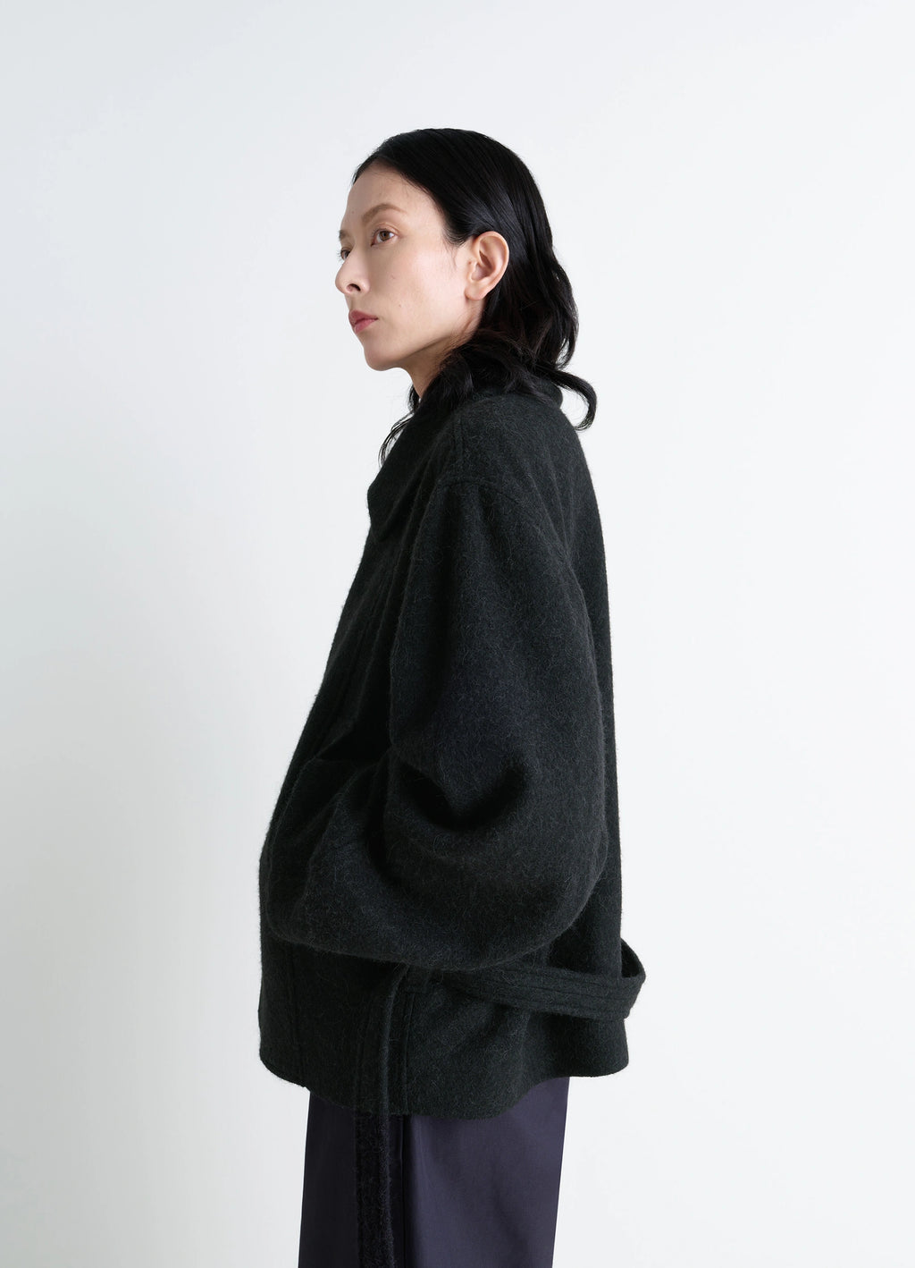 Short Asymmetrical Bathrobe Coat in Wool-Alpaca Blend, model shot, three-quarter view belted loose fit