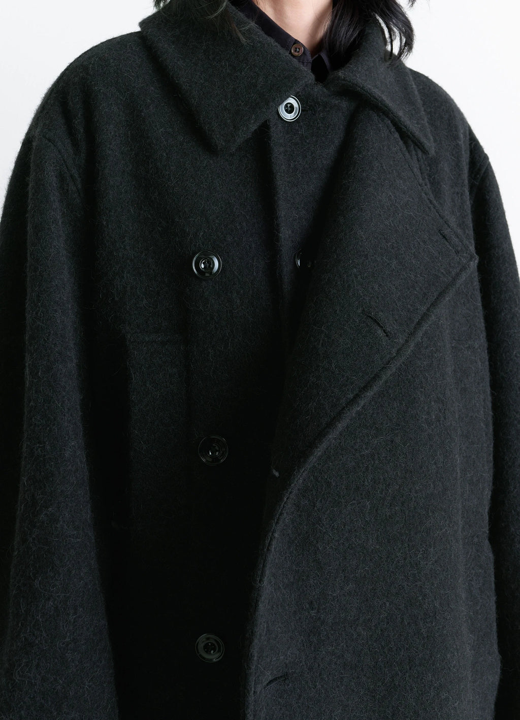 Short Asymmetrical Bathrobe Coat in Wool-Alpaca Blend, model shot, close-up detail double-breasted buttons