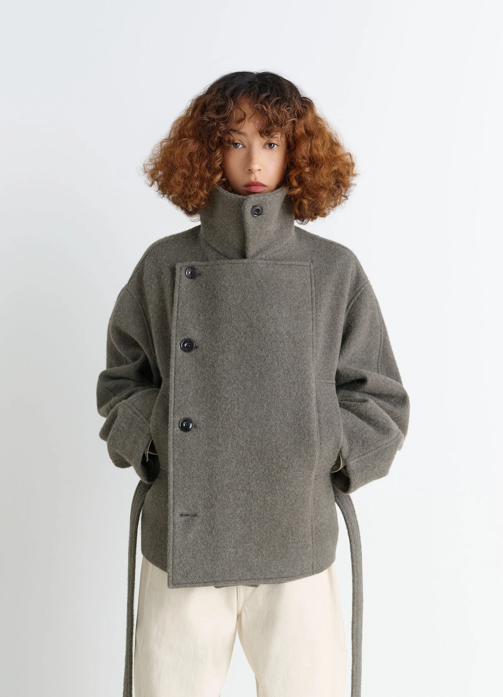 Short Asymmetrical Bathrobe Coat in Wool-Alpaca Blend, model shot, Front View Asymmetrical Button-Down