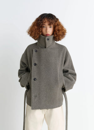 Short Asymmetrical Bathrobe Coat in Wool-Alpaca Blend, model shot, Front View Asymmetrical Button-Down