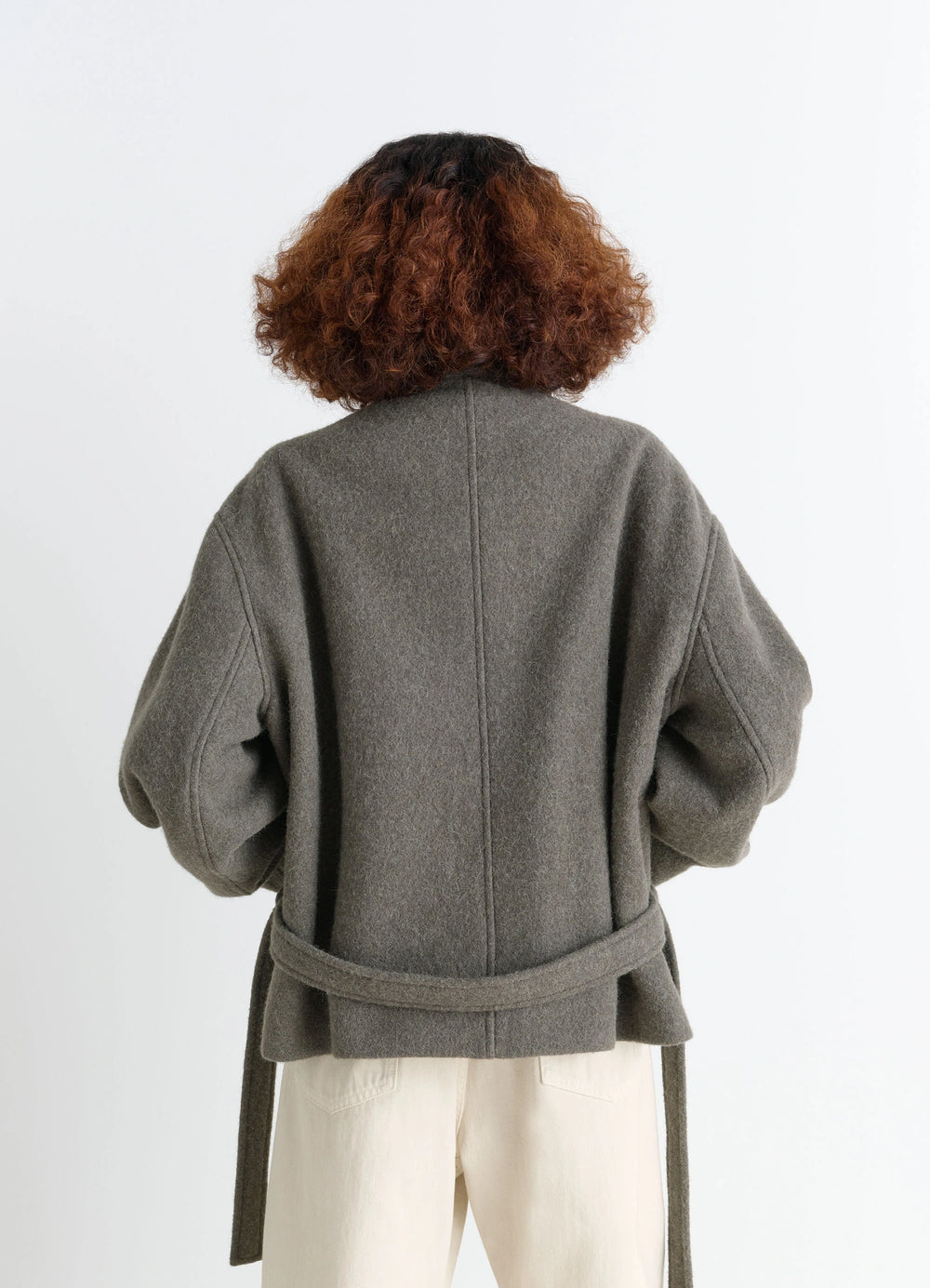 Short Asymmetrical Bathrobe Coat in Wool-Alpaca Blend, model shot, back view dropped shoulder, relaxed fit