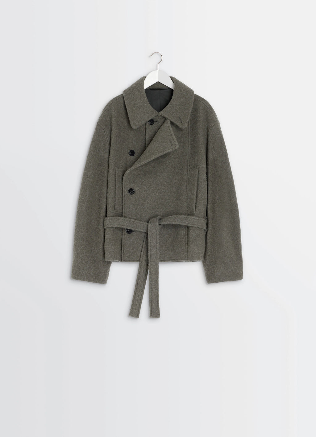 Short Asymmetrical Bathrobe Coat in Wool-Alpaca Blend, product shot, hanger view oversized lapels, multi-button