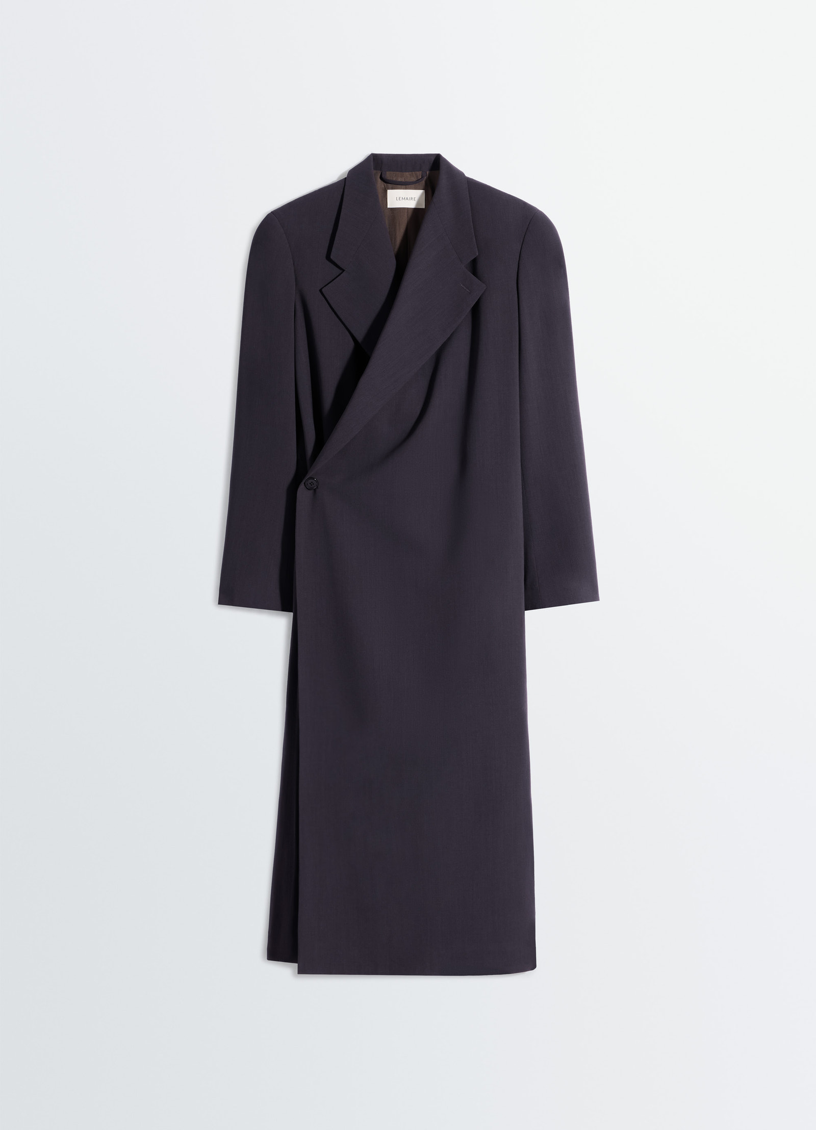 Wrap over coat in wool crepe in dark wool crepe, product shot, front draped view structured long drape