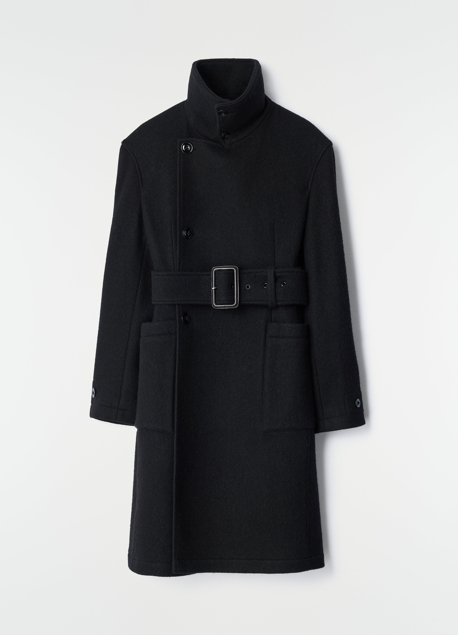 Black felted wool and alpaca blend fitted wrap coat with belt and high collar on plain white background lemaire