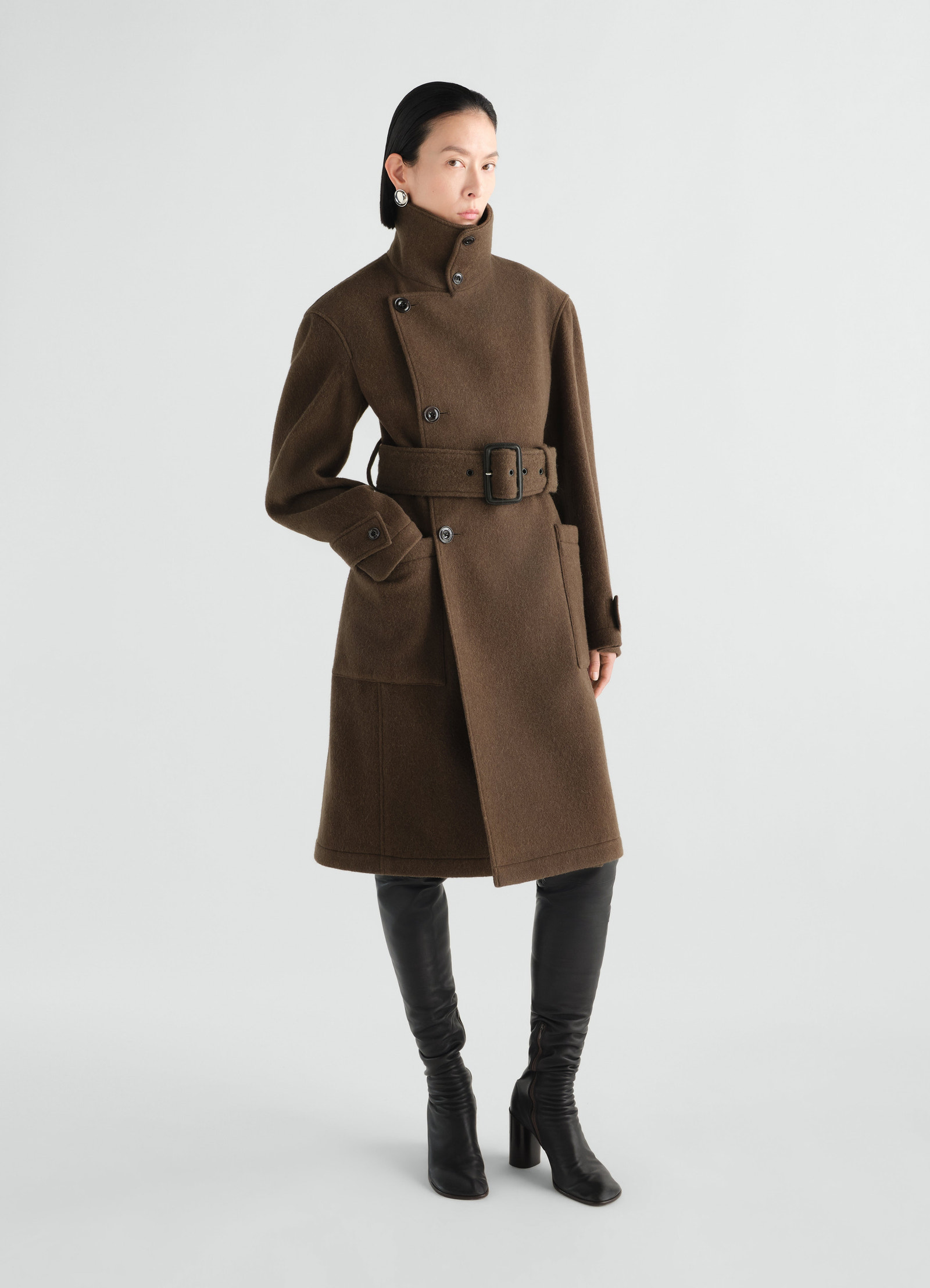 Fitted brown wool and alpaca blend wrap coat with belt by lemaire worn by model front view