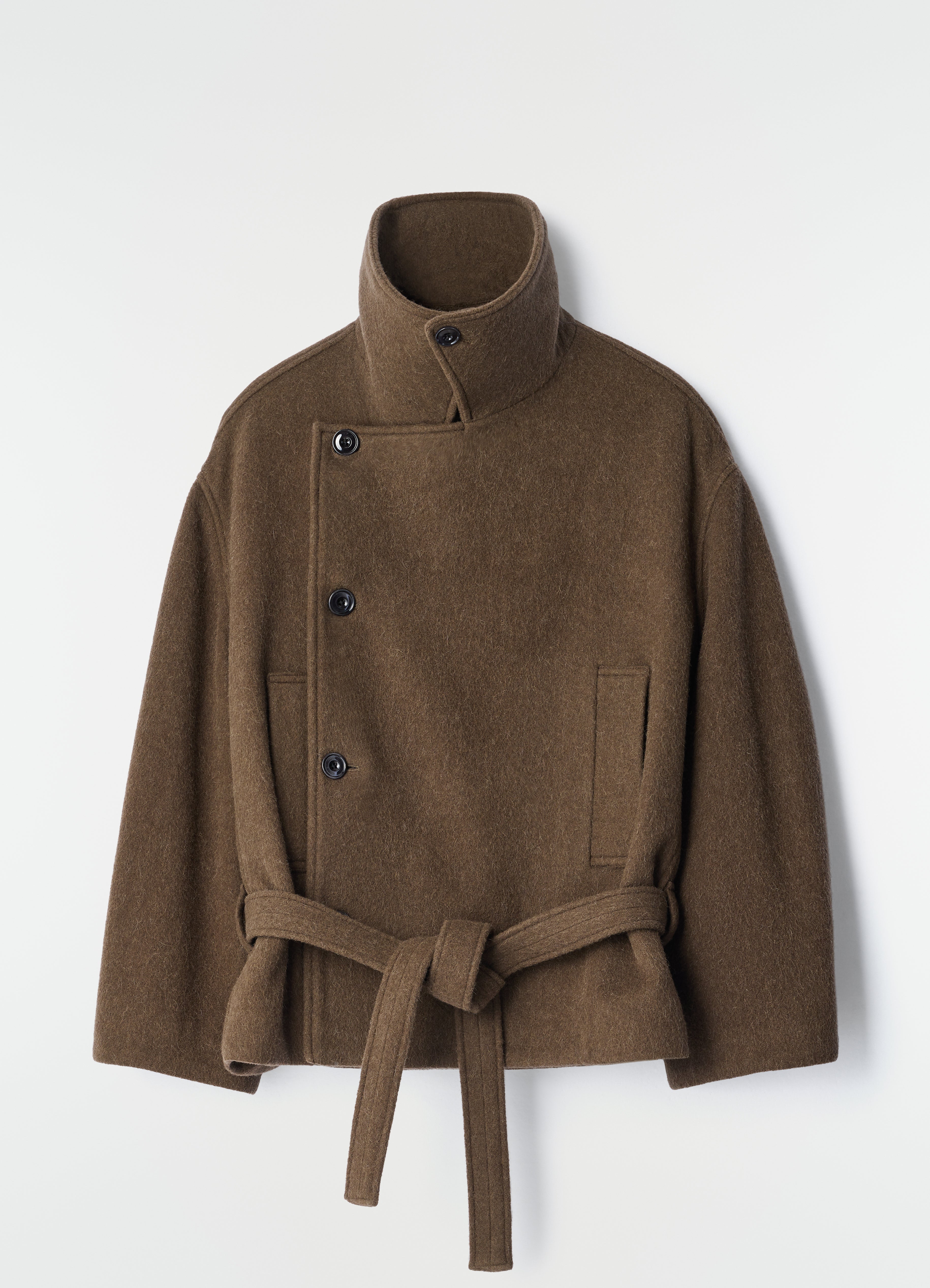 SHORT WRAP COAT IN FELTED WOOL AND ALPACA BLEND - Mud - Felted