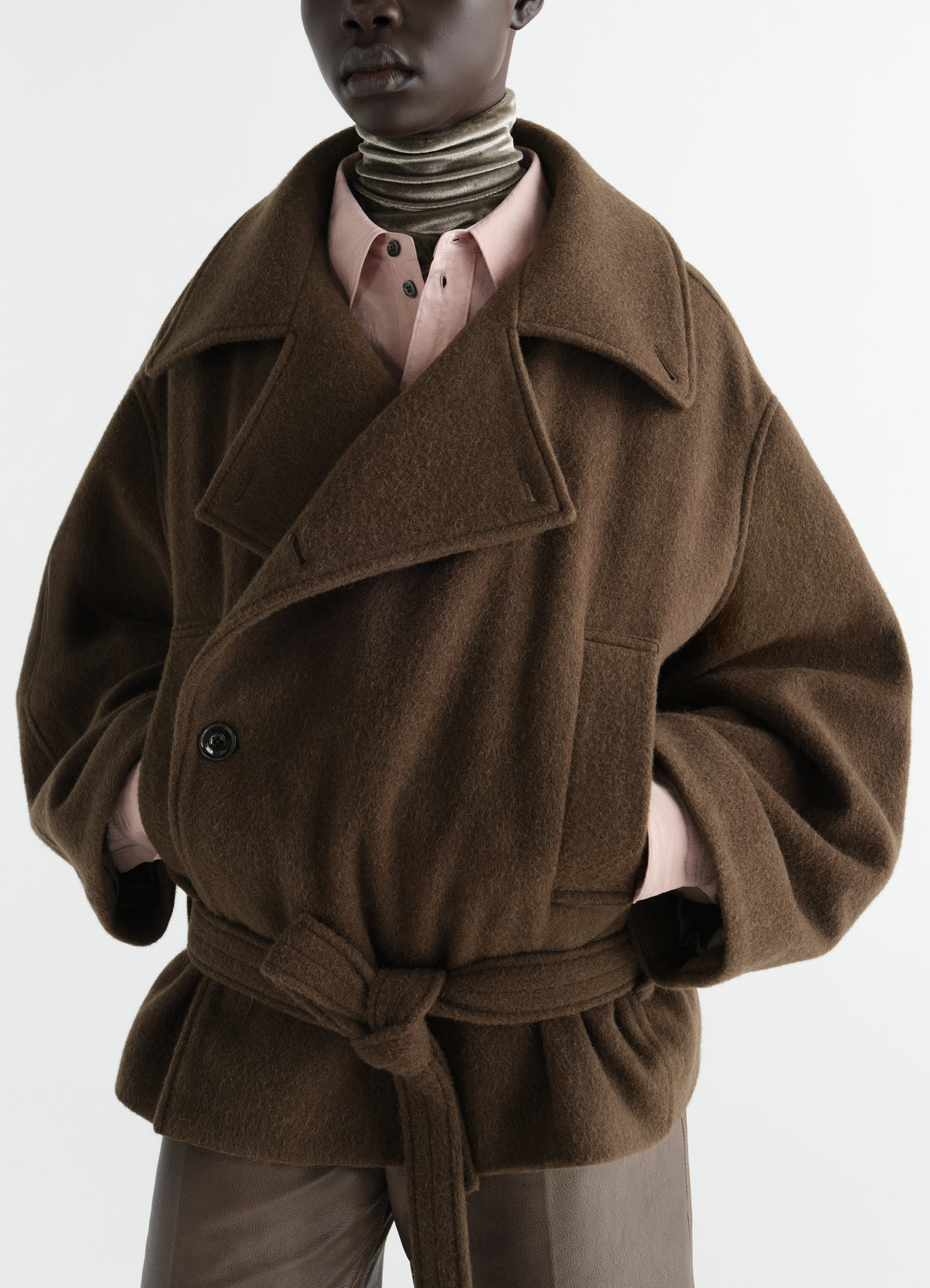Short brown wrap coat in felted wool alpaca blend LEMAIRE worn by model front full length view