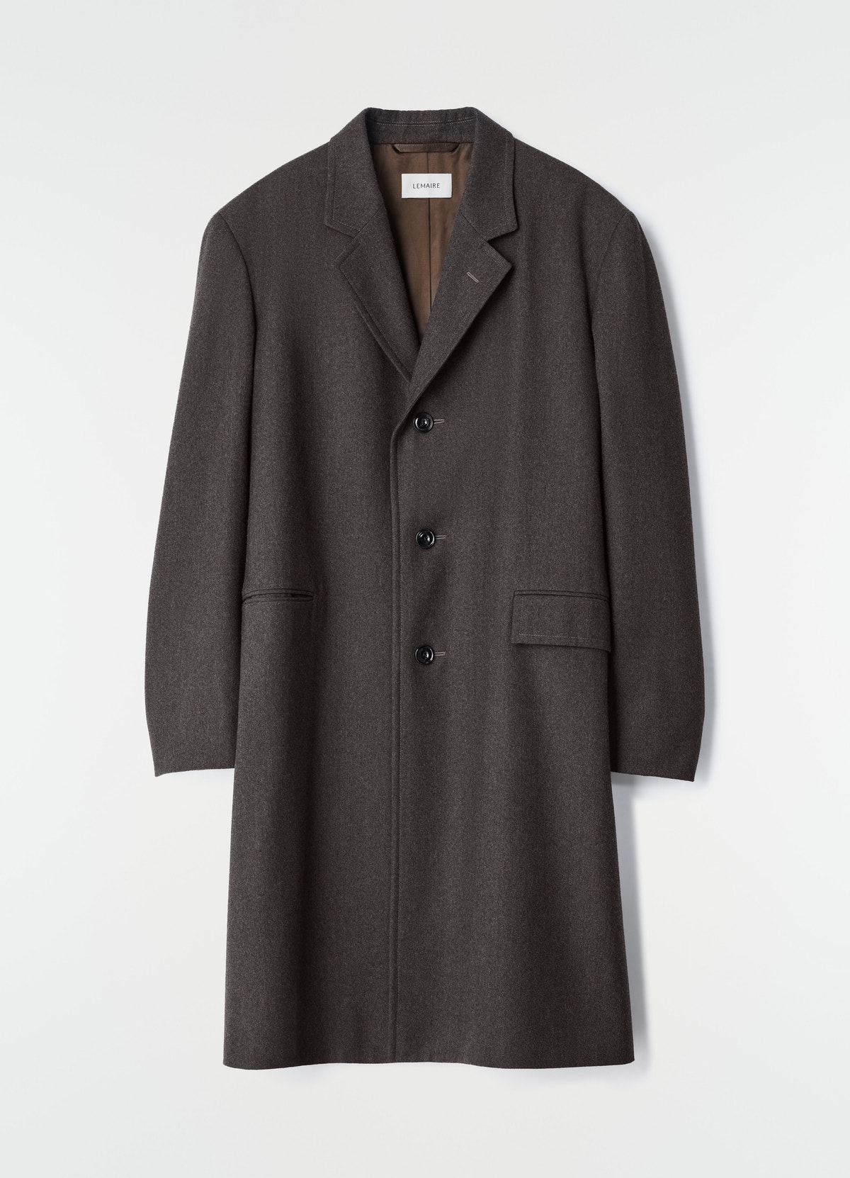 Soft chesterfield coat in dark grey wool cotton twill by lemaire flat lay front view with button closure
