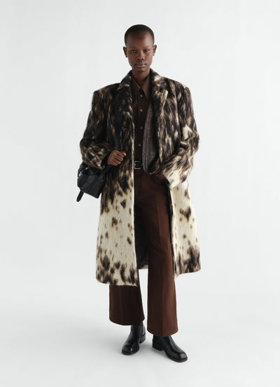 Belted Chesterfield coat LEMAIRE in brown and cream textured wool alpaca blend worn by a model front view