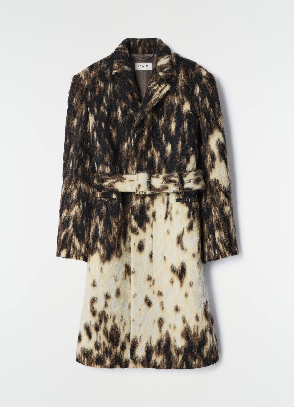 Belted chesterfield coat lemaire brown and cream textured wool alpaca blend flat lay front view