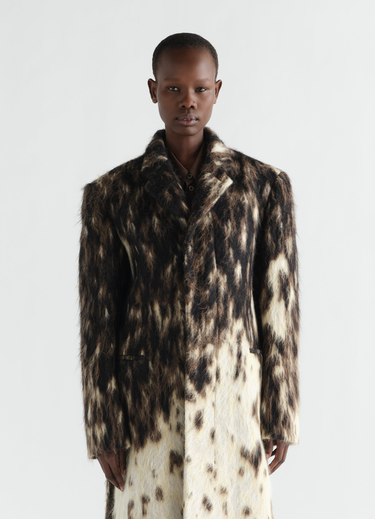 Belted chesterfield coat lemaire black and cream textured wool alpaca blend worn by model front view