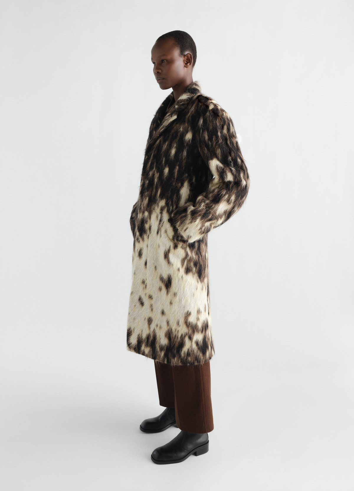 Belted chesterfield coat lemaire in brown white textured wool alpaca blend worn by model side view