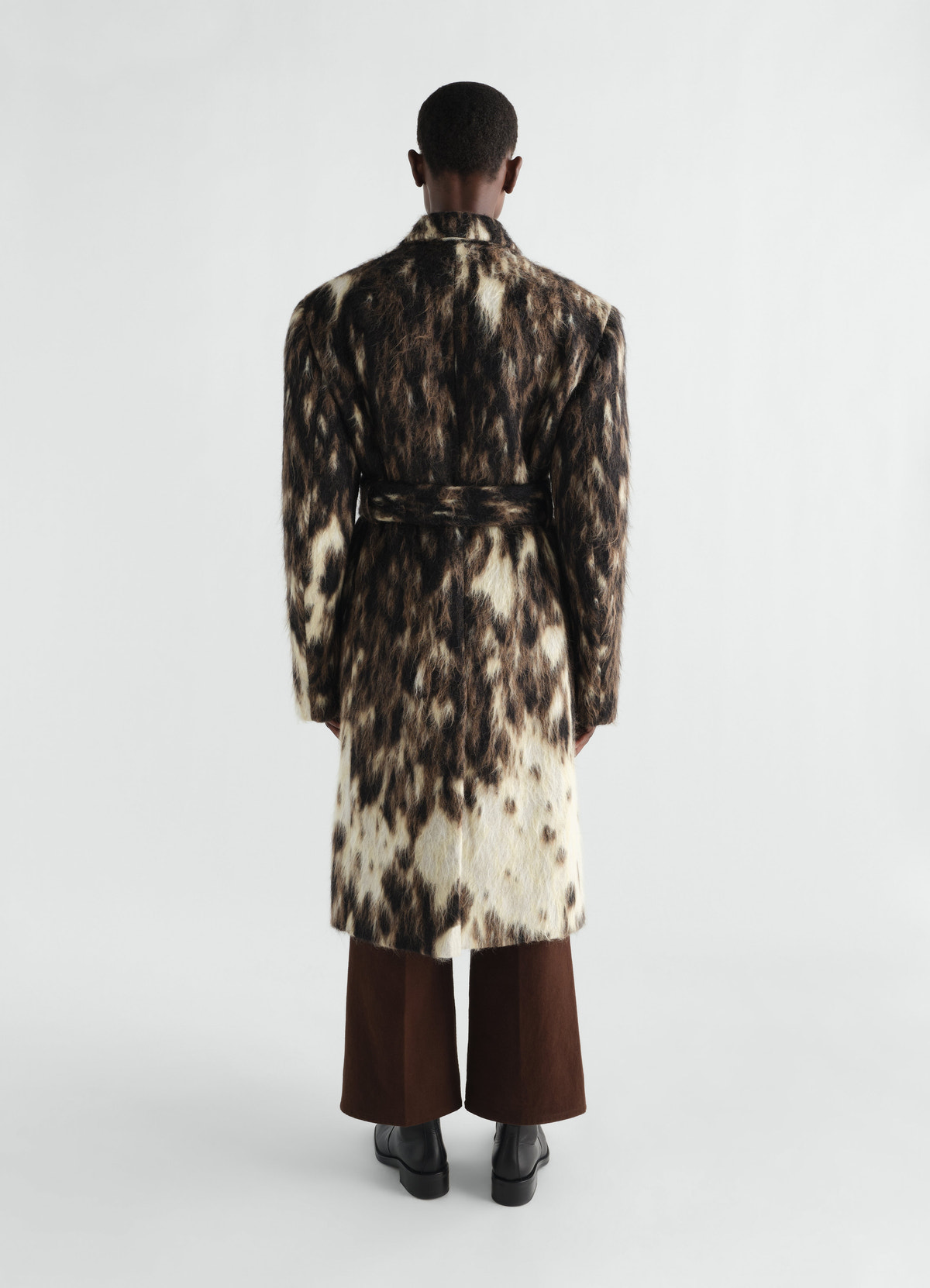 Belted chesterfield coat lemaire brown cream textured wool and alpaca blend worn by model back view