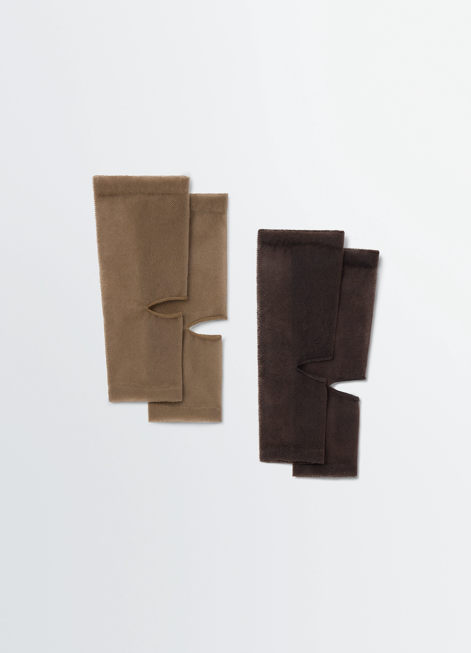 Lemaire tulle gaiters in brown and black tulle, product shot, flat lay view open heel design