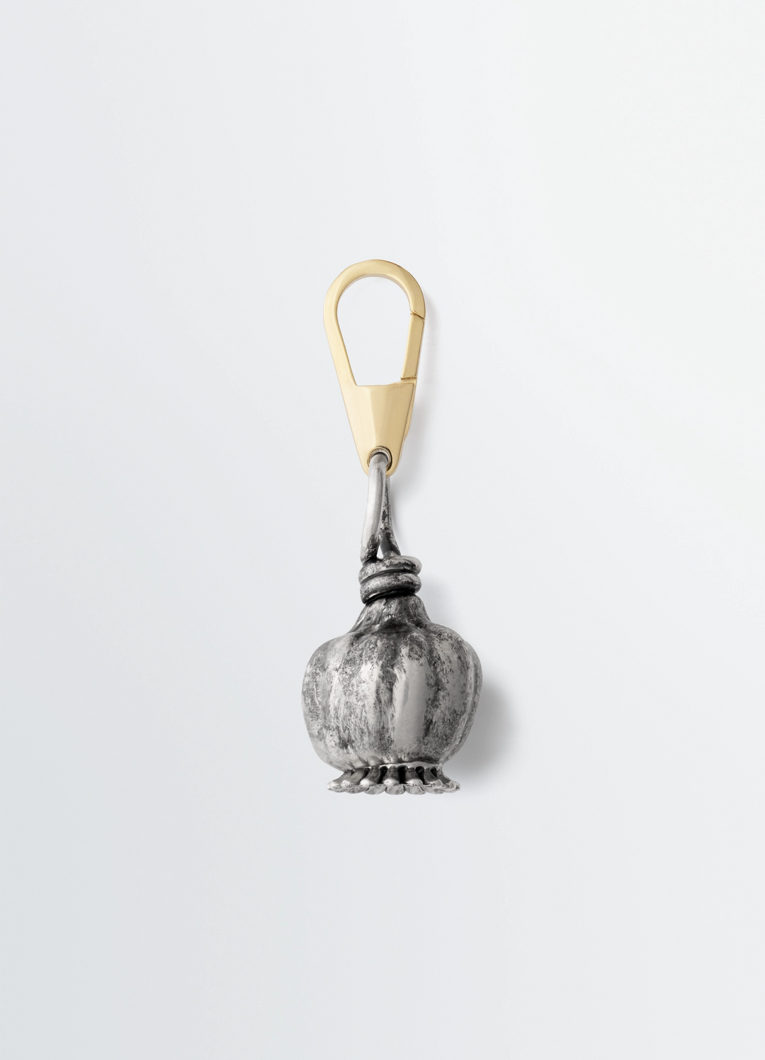Lemaire Maxi Thistle Bag Charm in Silver Antiqued Metal, product shot, front view safety-pin motif