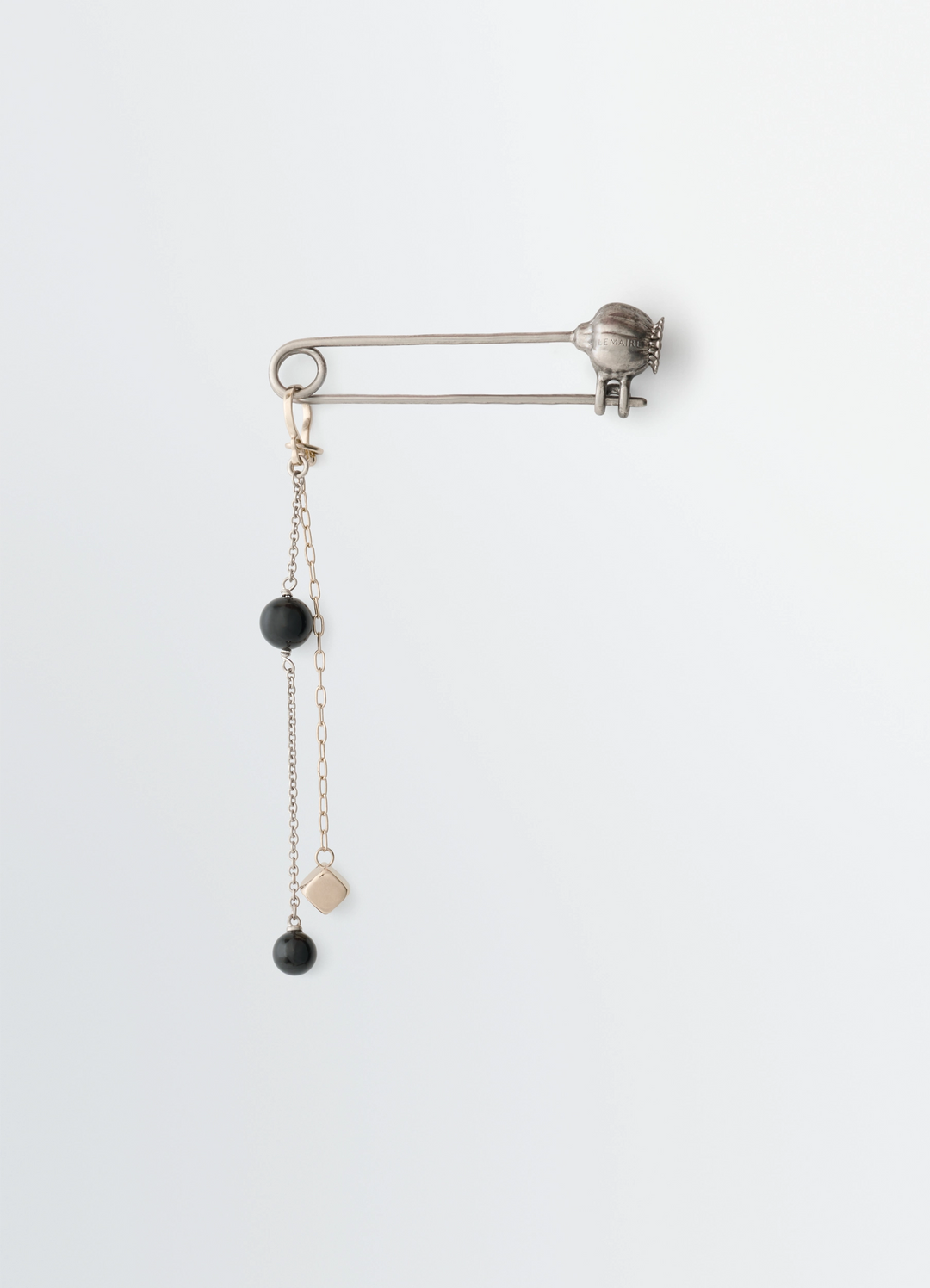 Thistle Pin Bag Charm in With Onyx Bead, product shot, Side view Safety-pin motif