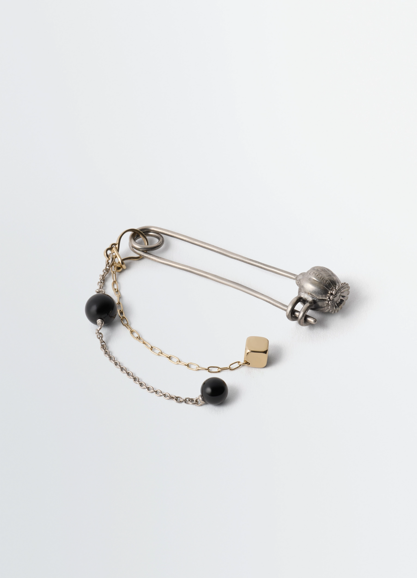 Thistle pin bag charm in with onyx bead, product shot, top down view flower detail, chain accents