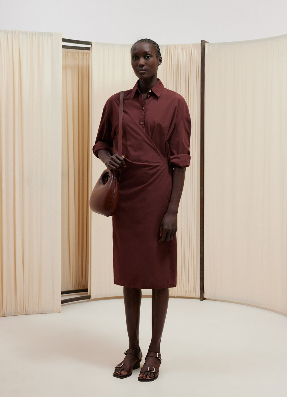 Lemaire Straight Collar Twisted Dre in Garment Dyed Light Cotton, model shot, Front view Asymmetric button placket