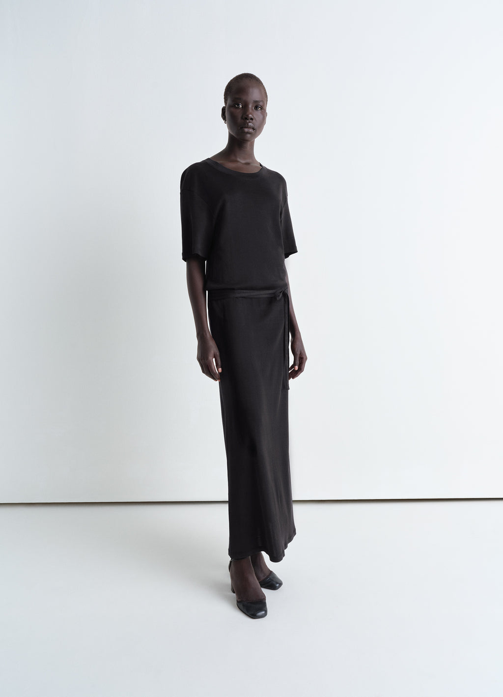 Lemaire Belted Rib T-shirt Dress in Cotton jersey rib, model shot, Front side view Loose ankle-length fit