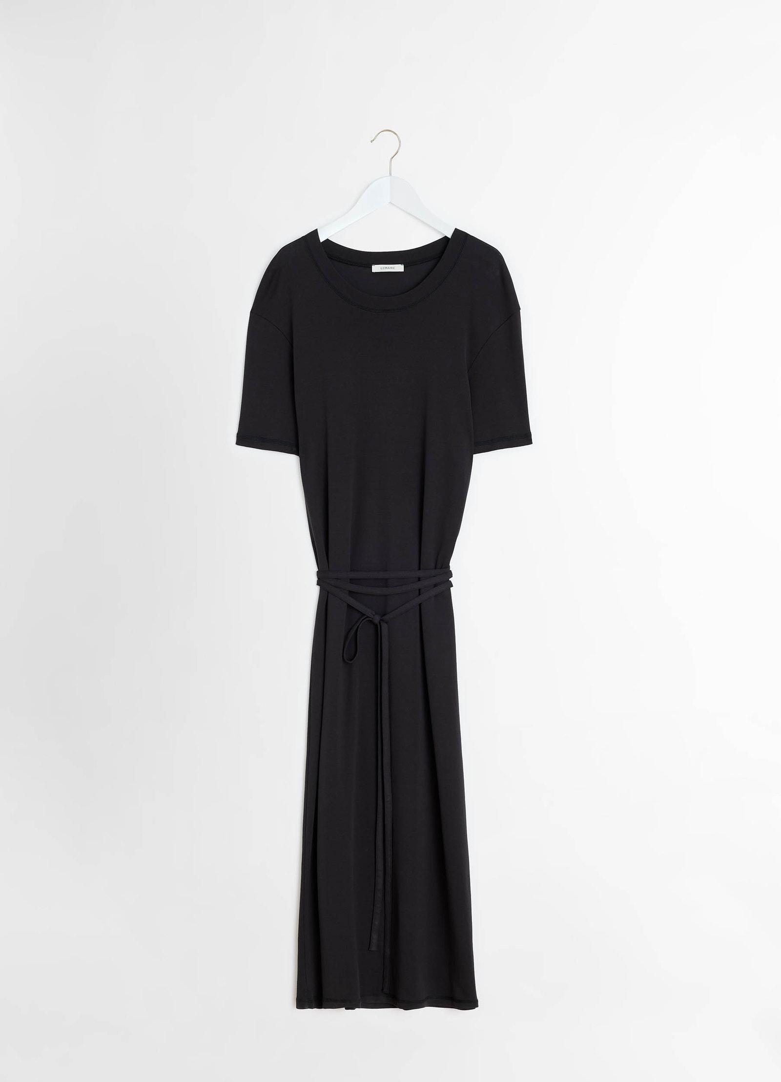 Lemaire belted rib t-shirt dress in cotton jersey rib, product shot, hanging front view relaxed drop shoulder style