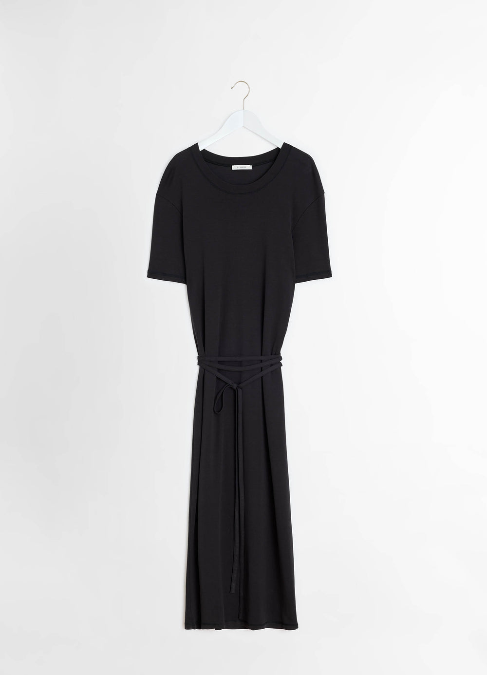 Lemaire Belted Rib T-shirt Dress in Cotton jersey rib, product shot, hanging front view relaxed drop shoulder style
