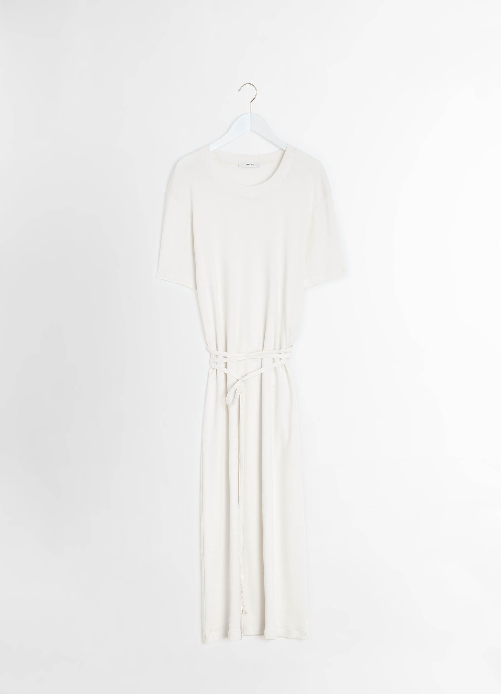 Lemaire belted rib t-shirt dress in mid-weight cotton jersey, product shot, hanger display view short sleeves, belted waist